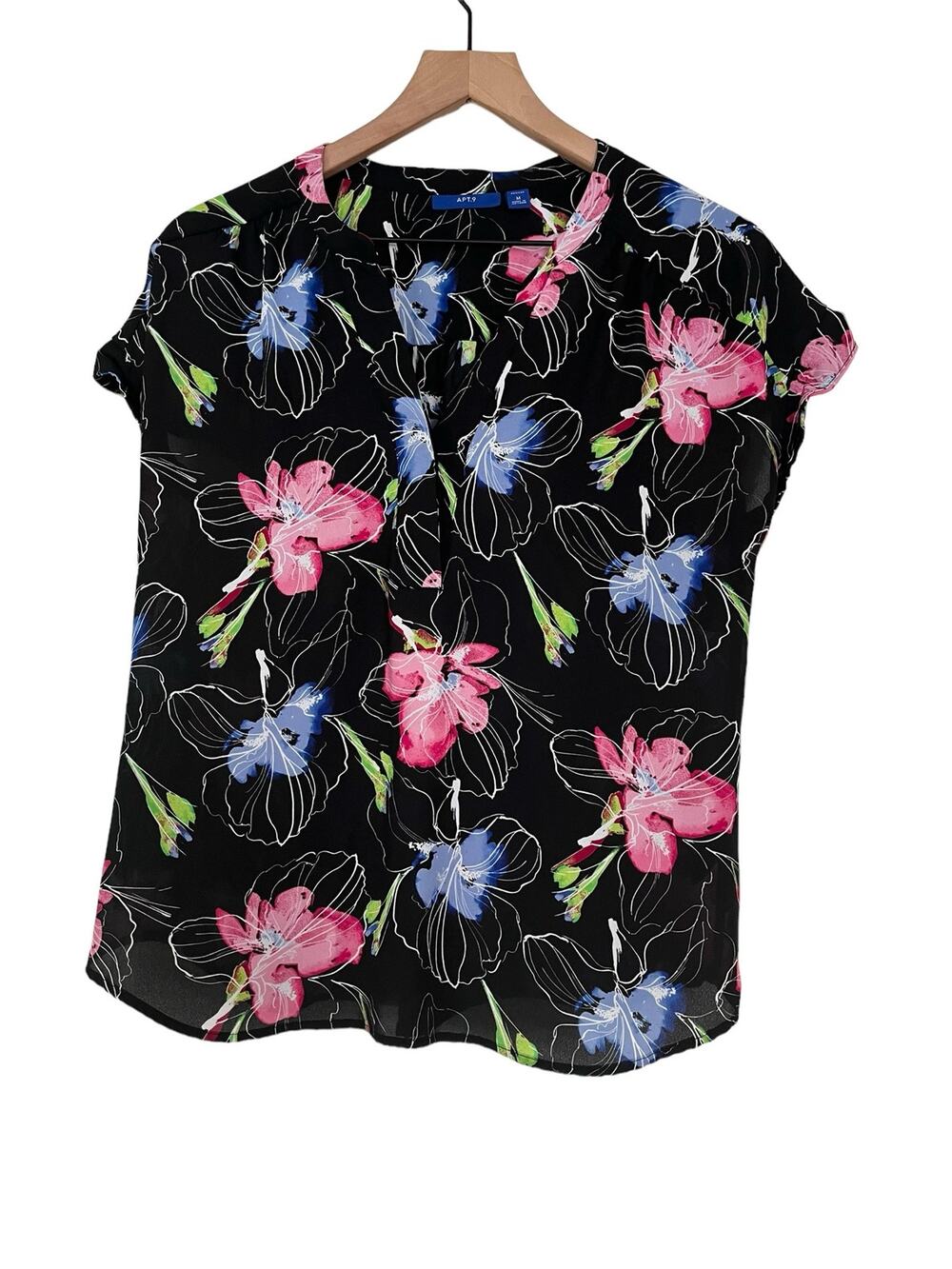 Apt 9 Womens Black Multicolor Floral Short Sleeve Blouse Size Medium Petite